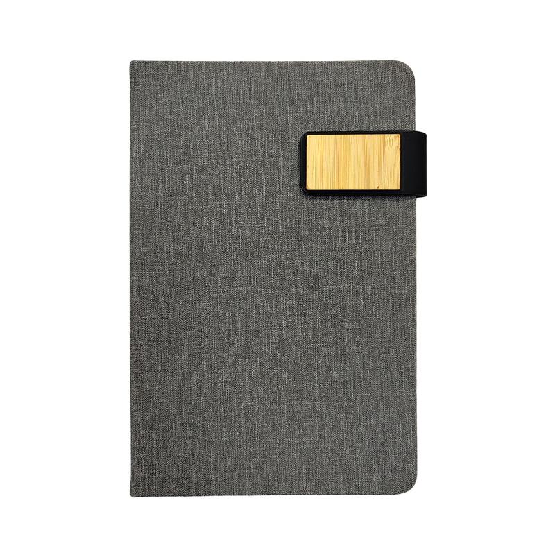 Grey -RPET Fabric Notebook With Bamboo Magnetic Enclosure & Pen Loop